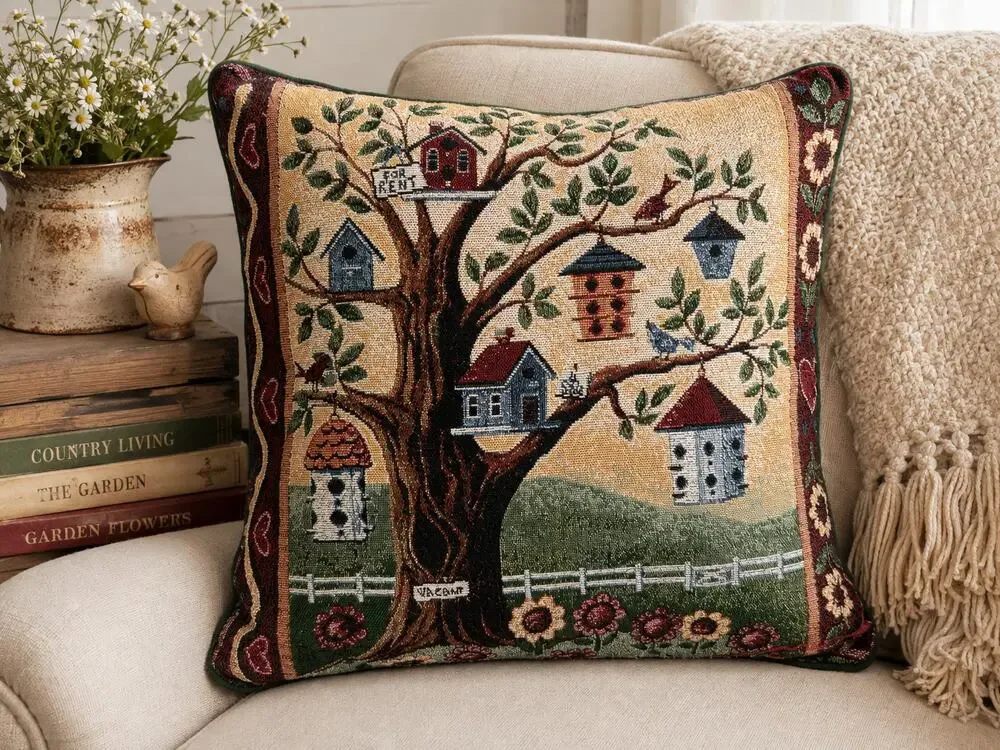 Birdhouse Tapestry Throw Pillow Country Cottagecore Farmhouse Decor 15x15